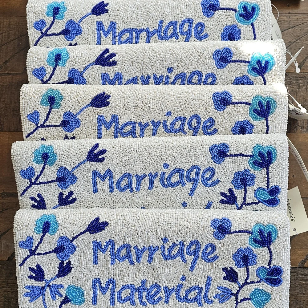 Beaded 'Marriage Material' Floral Clutch - Blue on Ivory - Picture 6 of 6